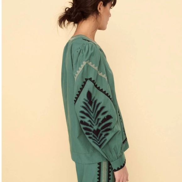 SONMER NWT SZ XL Black Embroidered Green Puff Sleeve 1/4 hook Top Boho Festival - Picture 4 of 15